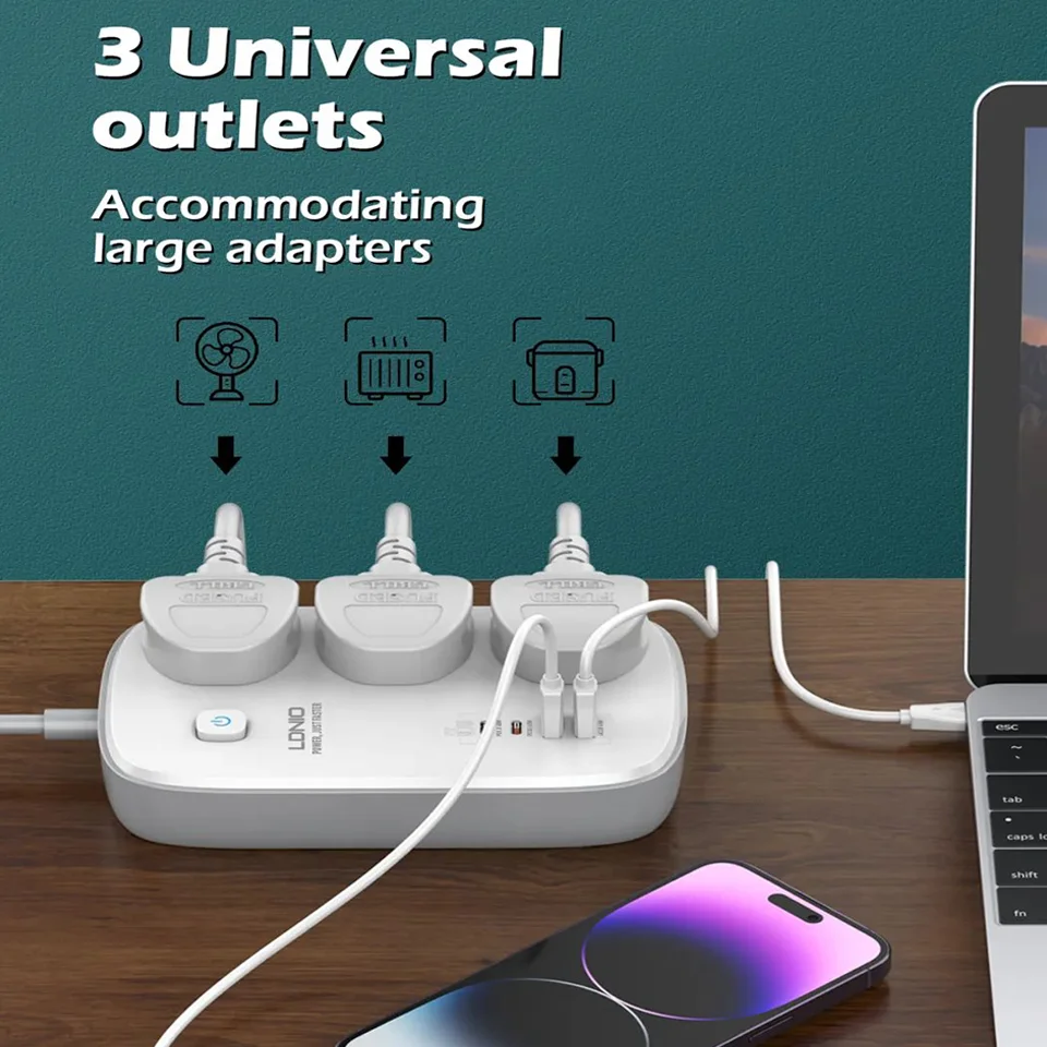 

LDNIO EU/US/UK Power Strip With 4 USB Ports Fast Charge Multiprise Network Filter 3 Universal Outlets 2M Extension Cord Socket