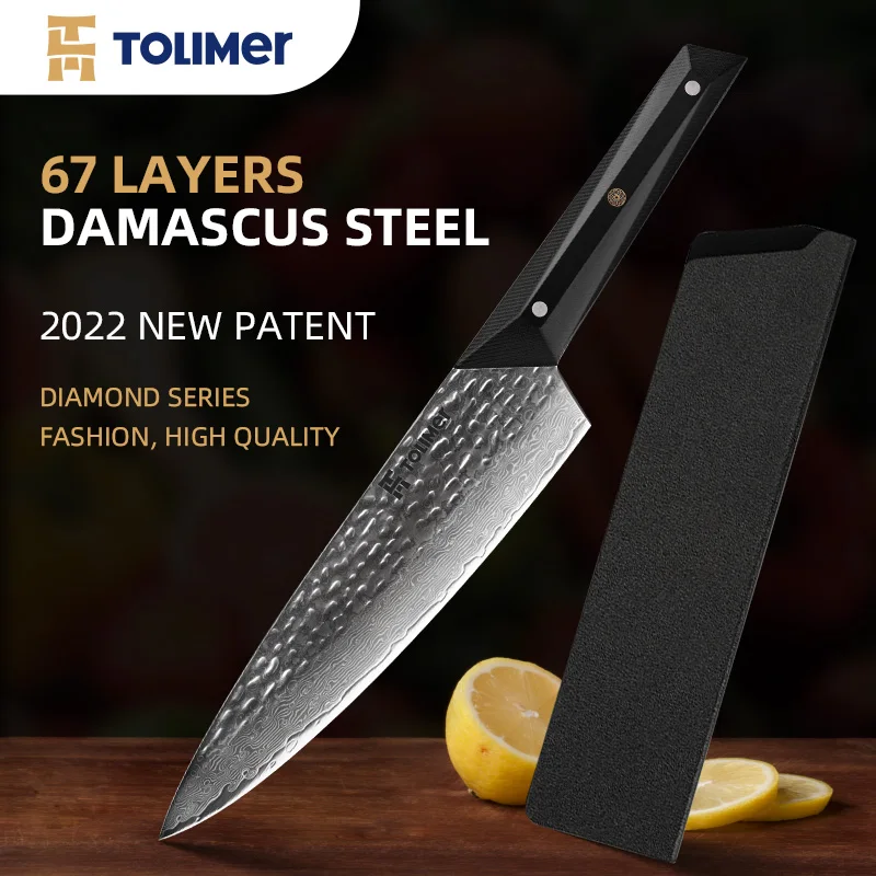 

Tolimer 67 Layers VG10 Damascus Chef Knife German G10 Polyhedral Handle Steak Fish Meat Sharp Kitchen Gyuto Hand-Forged Knives