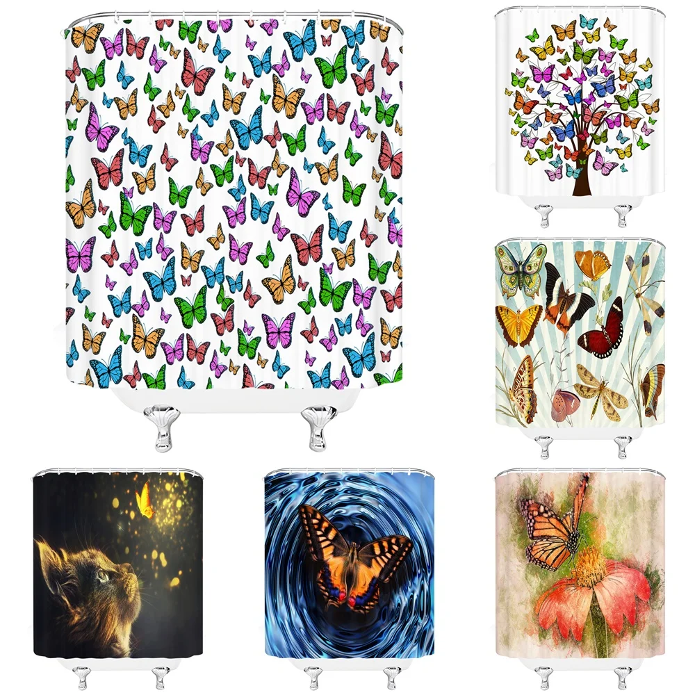 

Colorful Butterfly Shower Curtain Abstract Trees Fantasy Animal Cat Flowers Water Waves Bath Curtains For Bathroom Decor Fabric