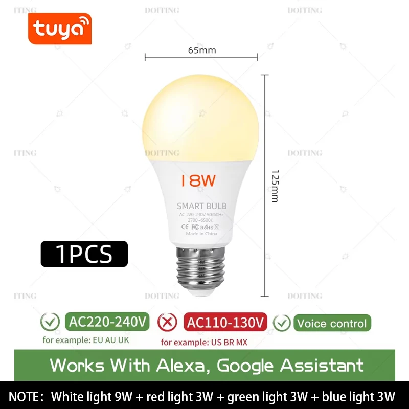 

DOITING Smart Life Wi-Fi LED лампа E27 220В 2700-6500К