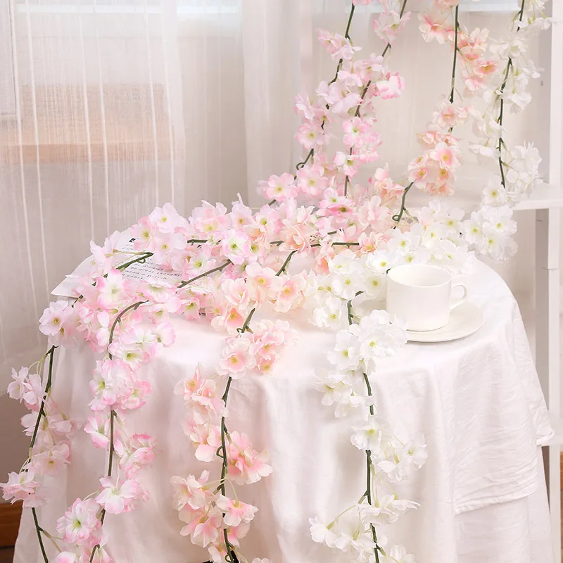 

2Pcs Artificial Flower Cherry Blossom Vine for Party Wedding Decoration Wall Hanging Rattan Home Decor 144 Flower Head 1.8m