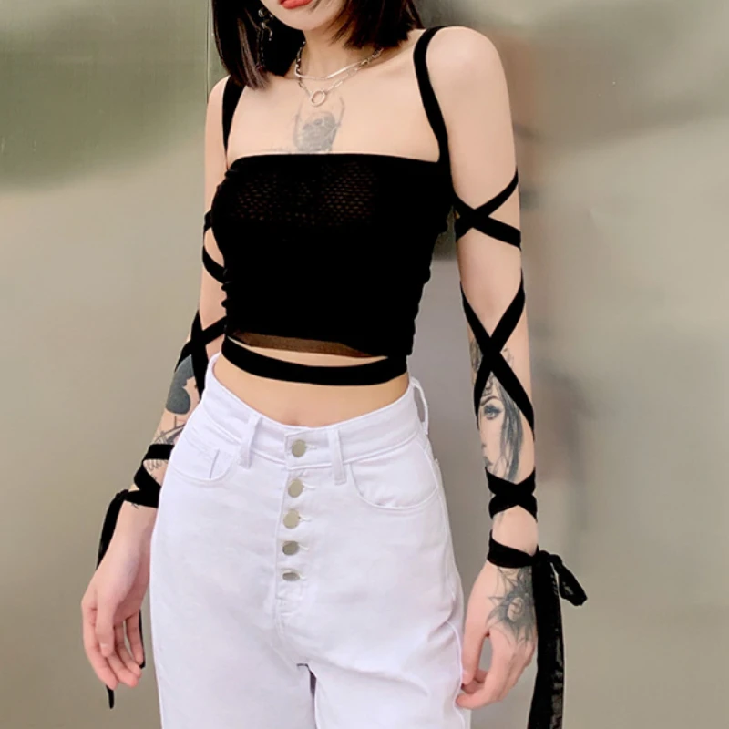 

Goth Dark Y2k Gothic Punk Black Women Camis Lace Up Backless Bodycon Crop Tops Emo Alternative Clothes Summer Fashion Streetwear