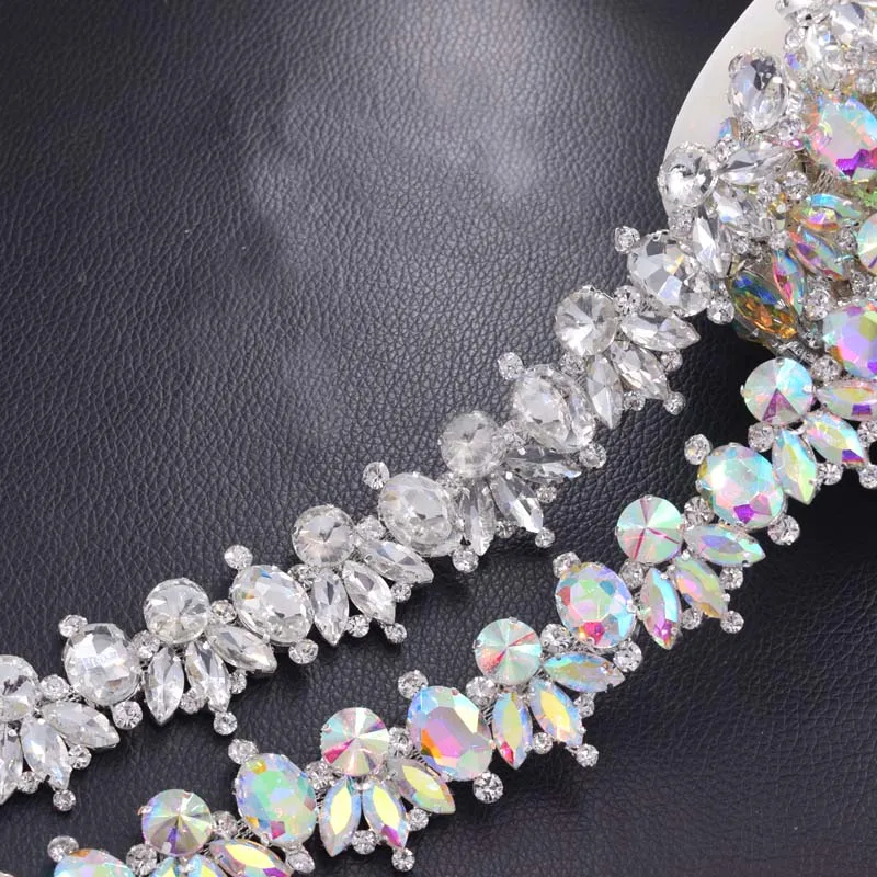 

5yards/lot luxury shiny glass strass bridal dress belt sash trim appliques Clear AB silver rhinestones decorations Sew on