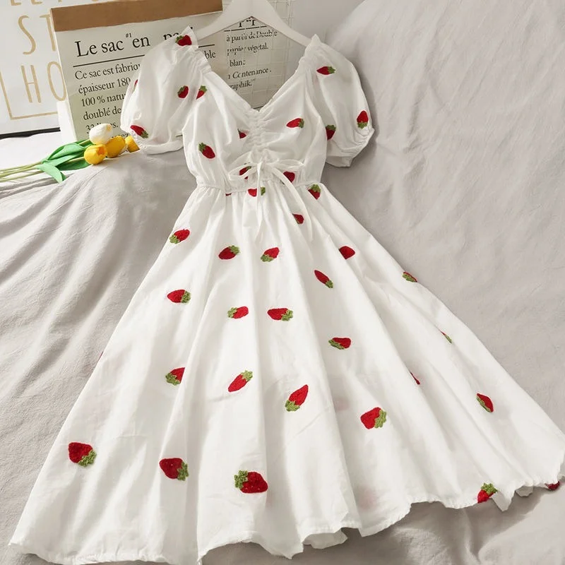

Korean Strawberry Dress Kawaii Embroidery Puff Sleeve Party Sundress Women Vintage A-line White Square Neck Boho Beach Dresses