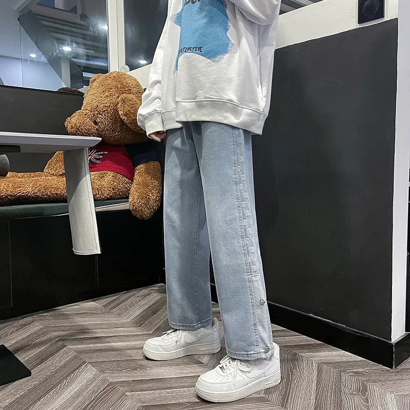 New High Street Solid Color Jeans Men's Loose Straight Leg Korean Style Trendy Stitching Wide-leg Pants джинсы для мужчин штаны