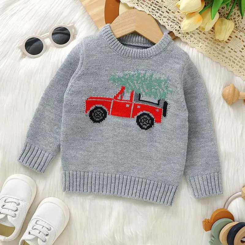 

New Autumn Winter Christmas Kids Knitsuit Toddler Boy Cartoon Car Knitted Pullover Sweater Girl Infant Fashion Casual Warm Tops