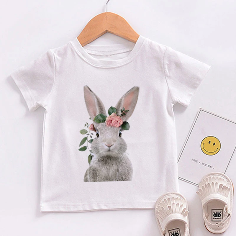 

Toddler Clothes T-shirt Fashion White Alphabet Girls Tshirt Harajuku Retro Rabbit T Shirt Flowers Element Nice Round Neck Kids