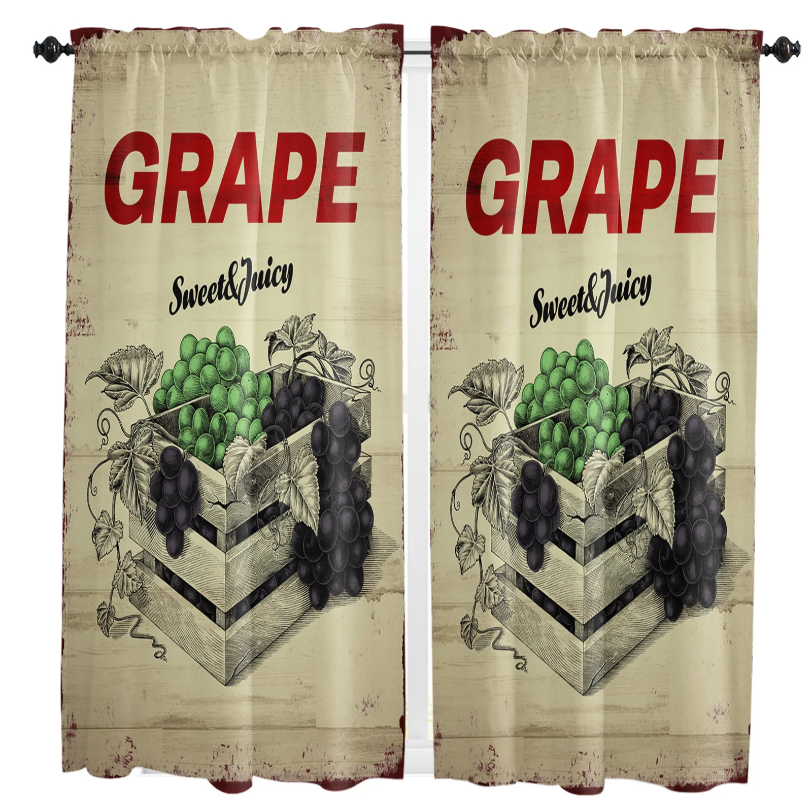 

Fresh Grapes Wood Grain Retro Old-fashioned Rustic Rod Pocket Short Curtain Half-Curtain Kitchen Door Drape Cafe Small Window