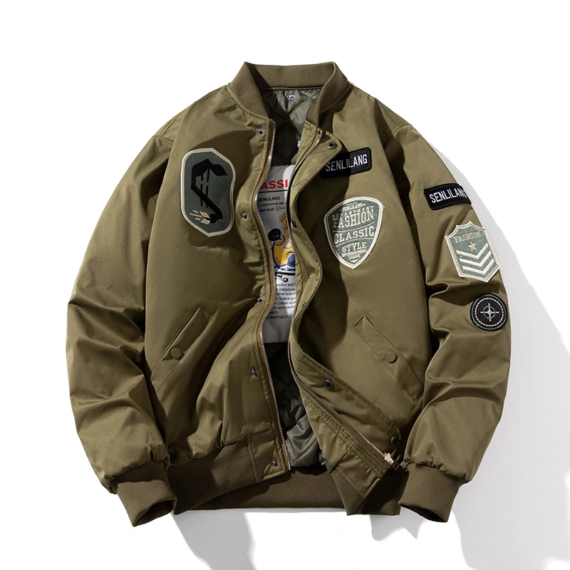 

Winter Bomber Jacket Men Military Retro Badge Pilot Jacket American Vintage Motorcycle Coat Parkas Hooded Male Khaki Armygreen