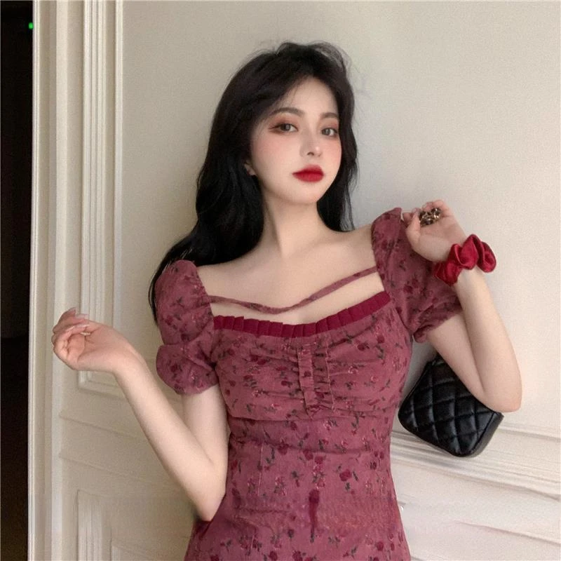 

Corduroy Square Neck Floral Dress SpringSummer Waist Tight Elegant Banquet Dress Quality Pleated Korean Version women's clothing