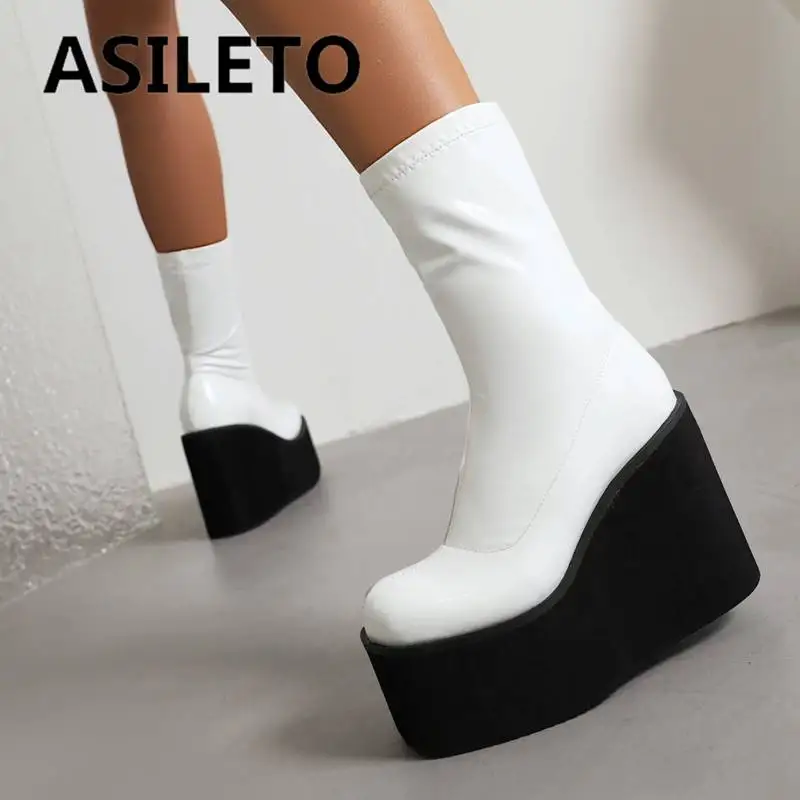 

ASILETO Lady Mid Calf Boots 21cm Round Toe Wedges High Heel 11.5cm Platform Hill 6cm Zipper Plus Size 43 Solid Sexy Party Shoe