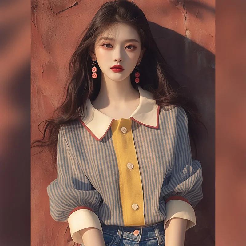 Новинка на раннюю осень Женская однобортная рубашка Boweylun в полоску с рукавом