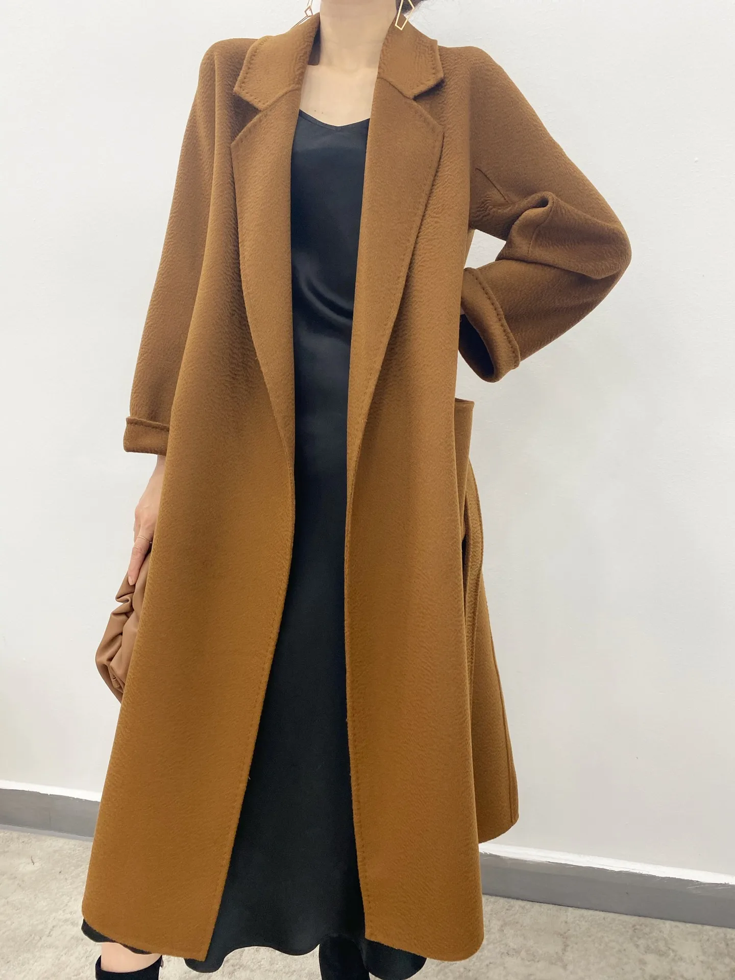 

Тренчкот ручной работы, пальто в волнистую полоску, двусторонняя кашемировая Длинная шерстяная куртка, кашемировое пальто Max