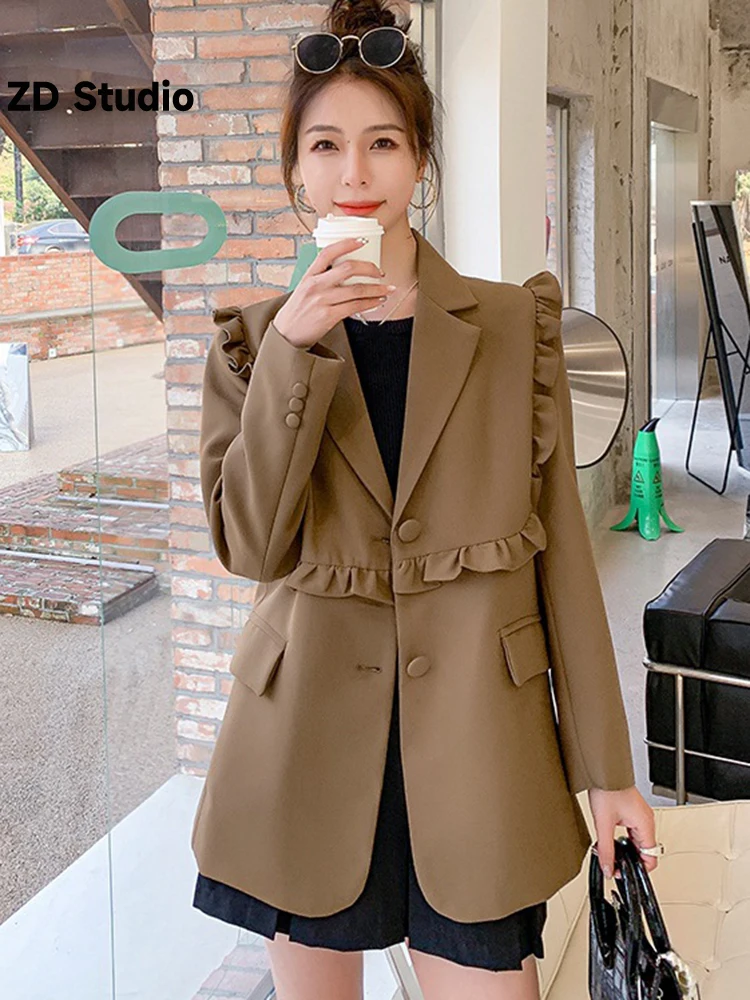 

[ZD Studio] Blazers For Women 2023 Long Sleeves Ruffles Single Breasted Solid Color Niche Coats Korean Style Trendy Clothing