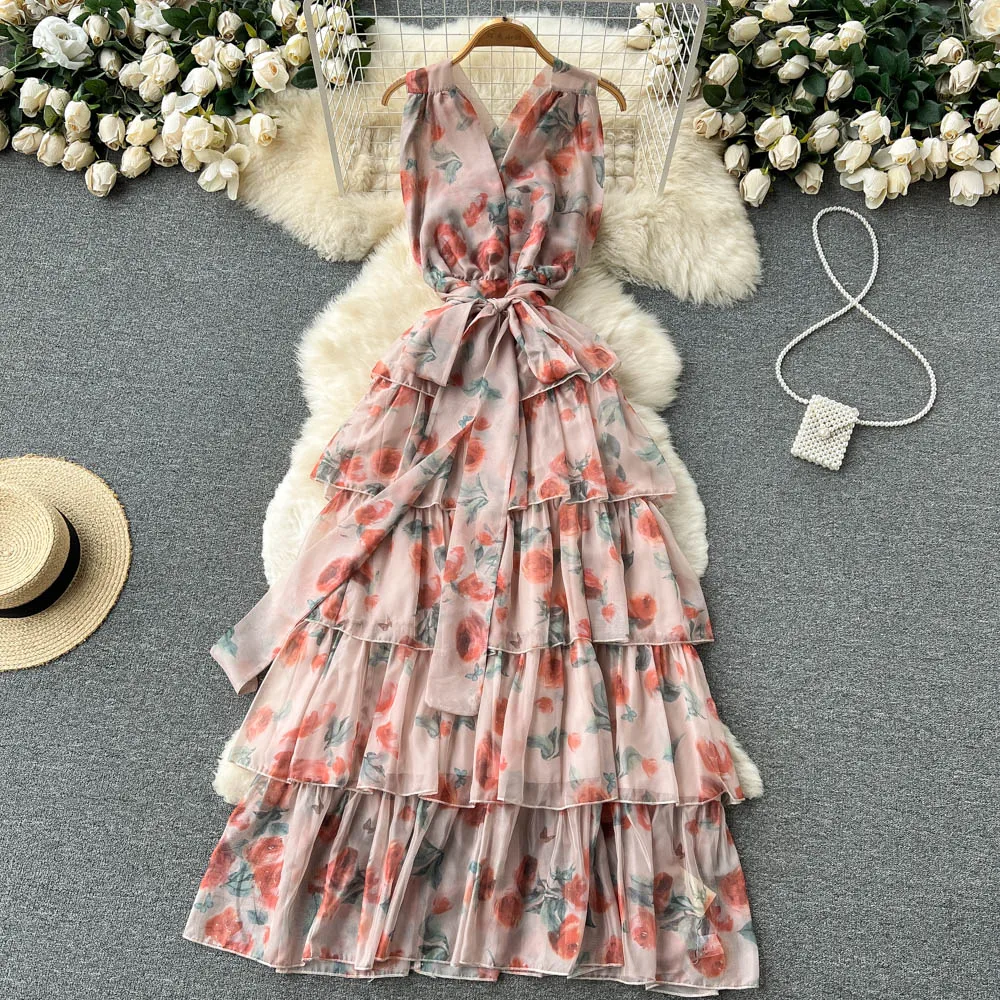 

Seaside Holiday Dress Women's Summer 2022 New Sexy Backless Slim Temperament Elegant Mid-length Multi-layer Ruffle Skirt Trendy