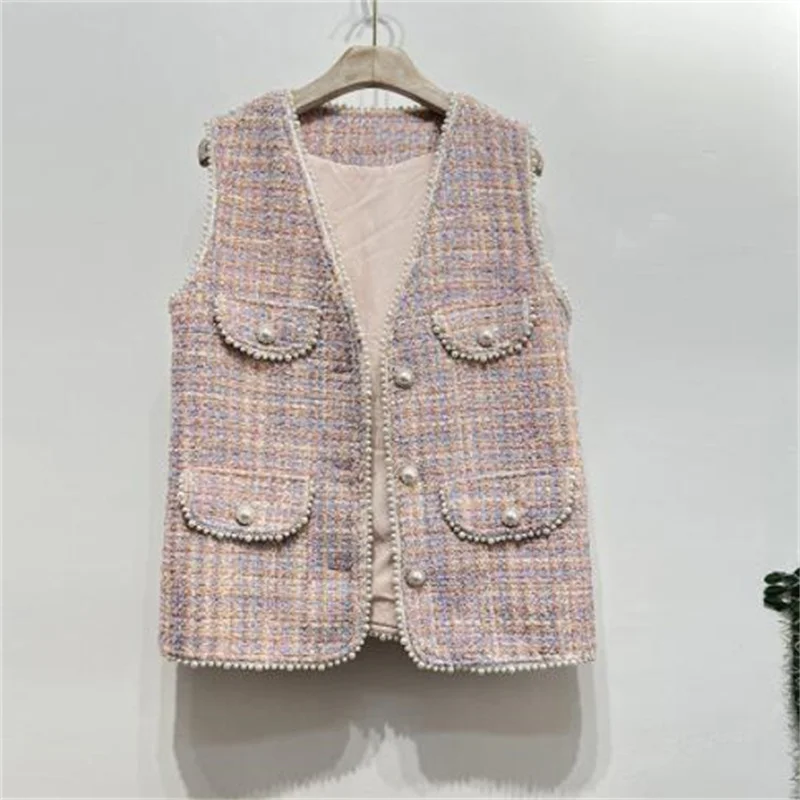 Spring vest womens jackets summer new French beaded tweed sleeveless fashion loose thin clothes
