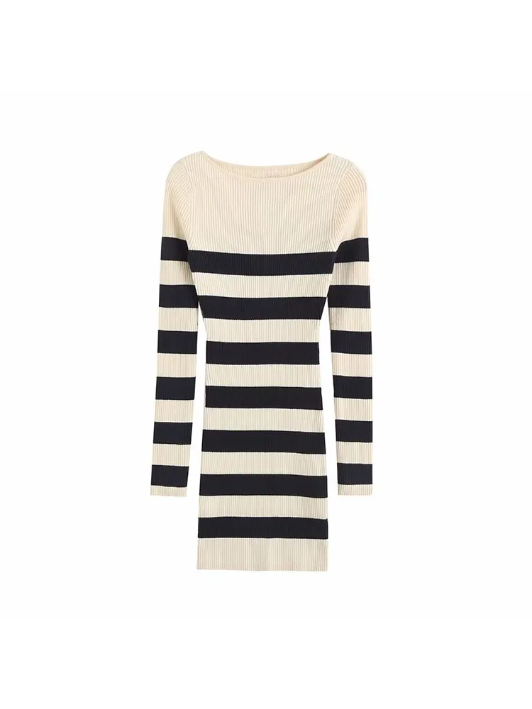 

Women 2023 Spring New Chic Fashion Striped Knitted Mini Dress Vintage Long Sleeve O Neck Female Dresses