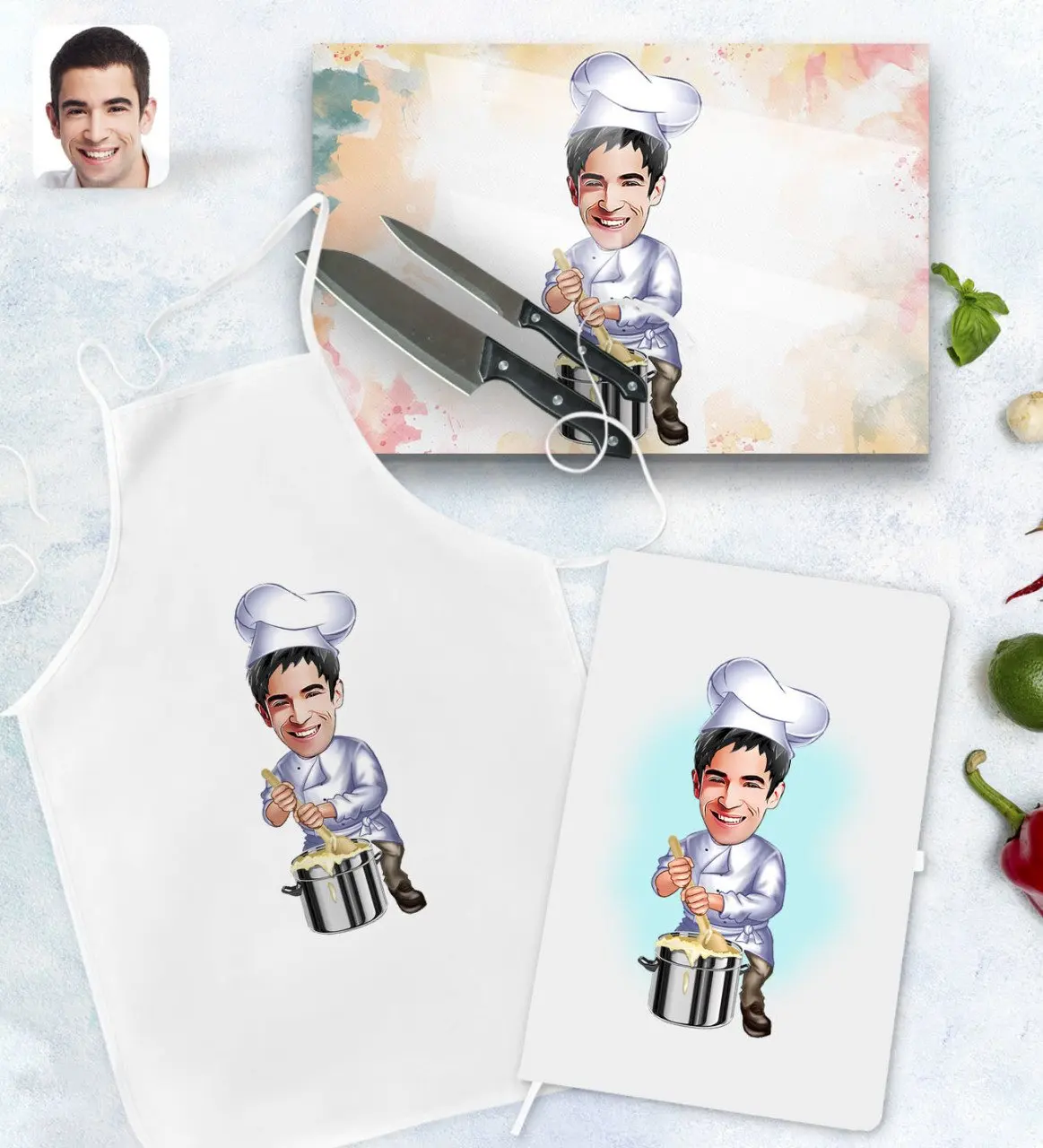 

Персонализированный мужской кухонный фартук для готовки с мультяшным рисунком, поднос для книг и стекла, подарочный набор, модель 1