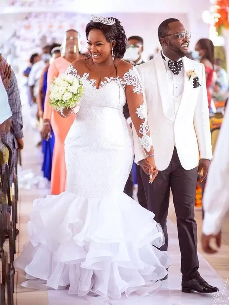 

Женское свадебное платье с круглым вырезом, длинным рукавом и юбкой-годе