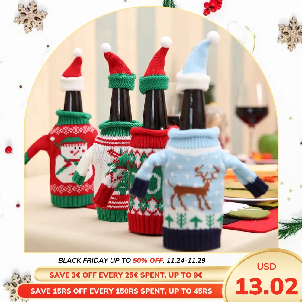 

4pcs Christmas knit winebottle cover Bag Santa Claus Knitting Hats for Xmas Restaurant Holiday Arrangement Supplies