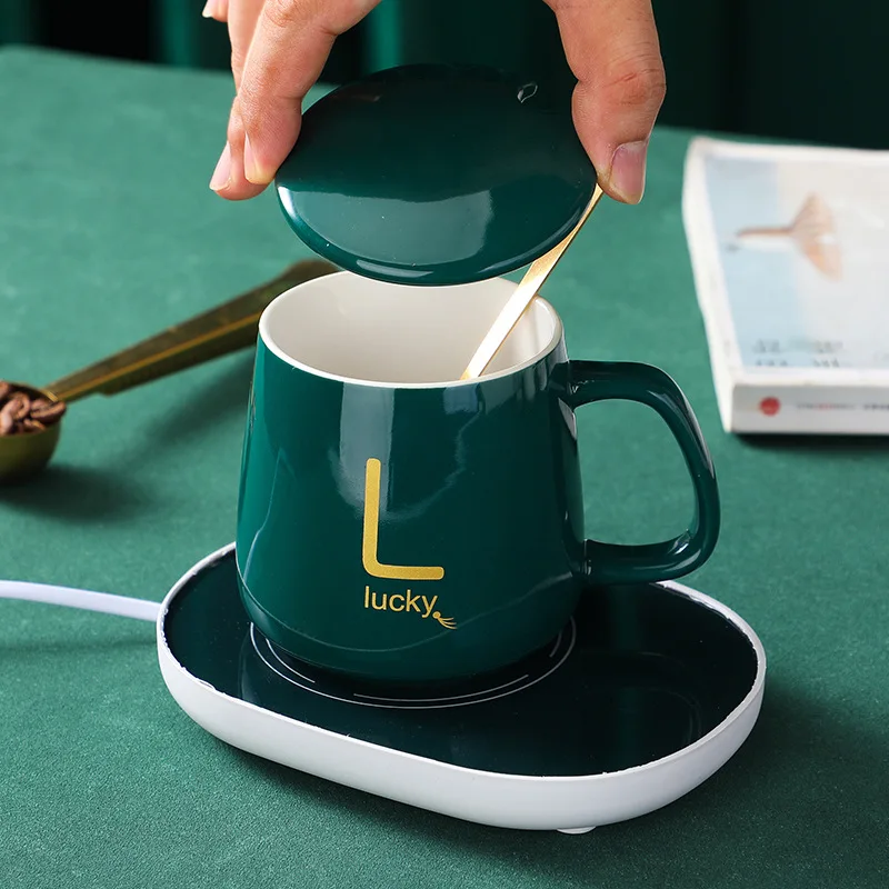 

Office Ceramic Coffee Milk Mug Giftset Breakfast Cup With spoon Travel Mugs Usb Coaster Warmer Pad Constant Temperature Heating