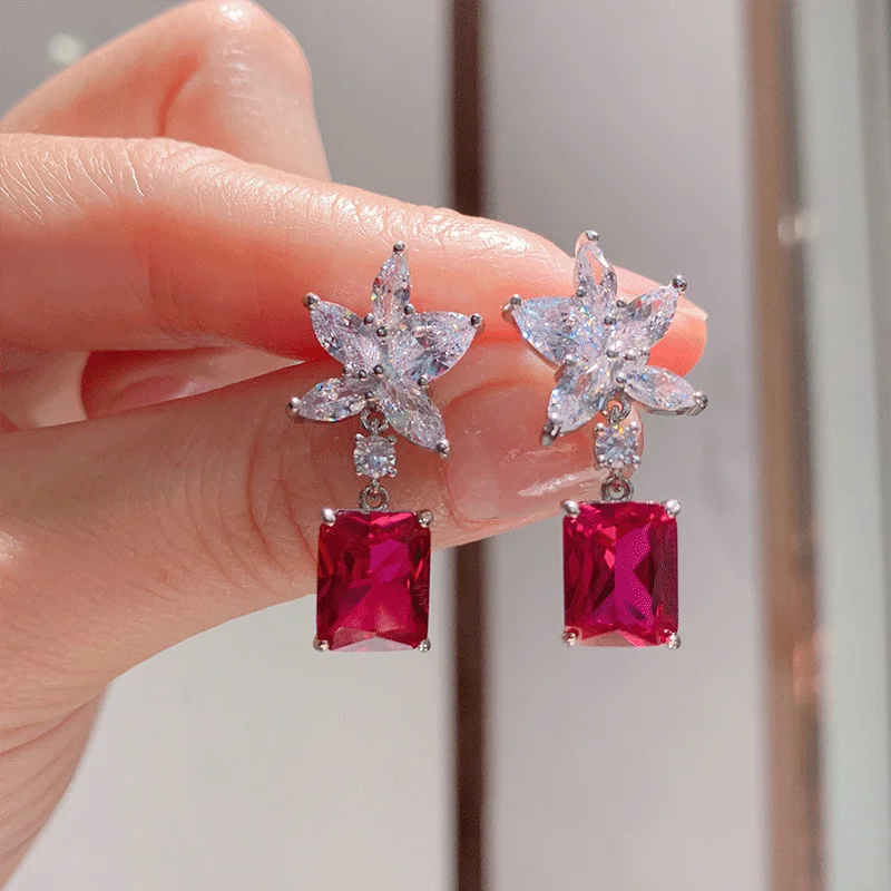 

Luxury brand genuine real jewels S925 Silver Needle Red Corundum Imitation Pigeon Blood Yellow Diamond Star Earrings Female Jewe