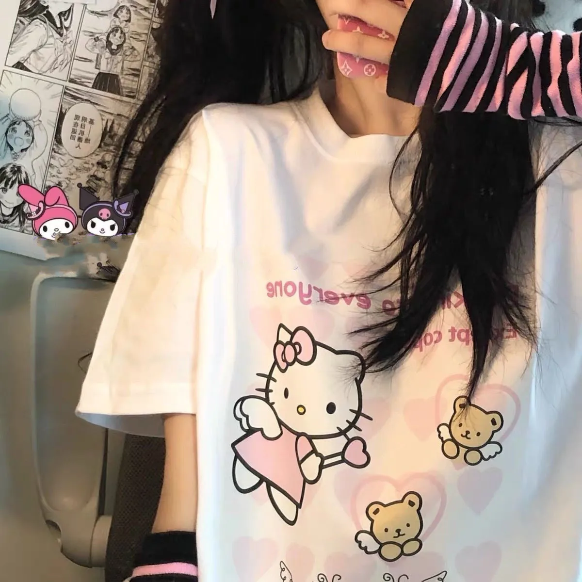 

White Cat Print T Shirt Female Loose Tops Harajuku Clothes Women Kawaii Short Sleeve Summer Hip Hop Oversize Japan T Shirt Girl