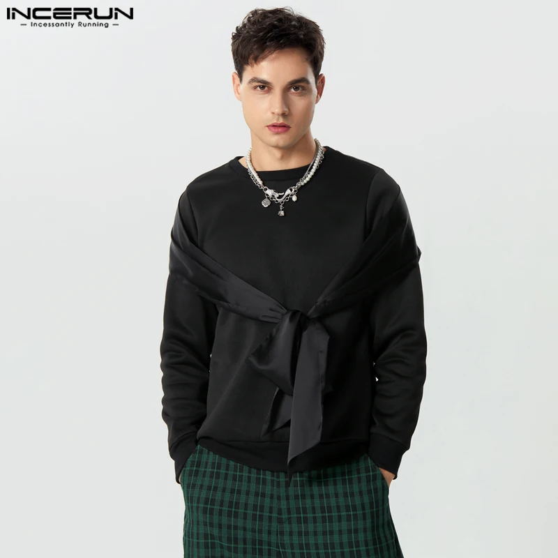 

Топы INCERUN 2023, красивый Мужской Атласный дизайнерский свитер в американском стиле с бантом, повседневный мужской однотонный пуловер в стиле пэчворк, свитер женский