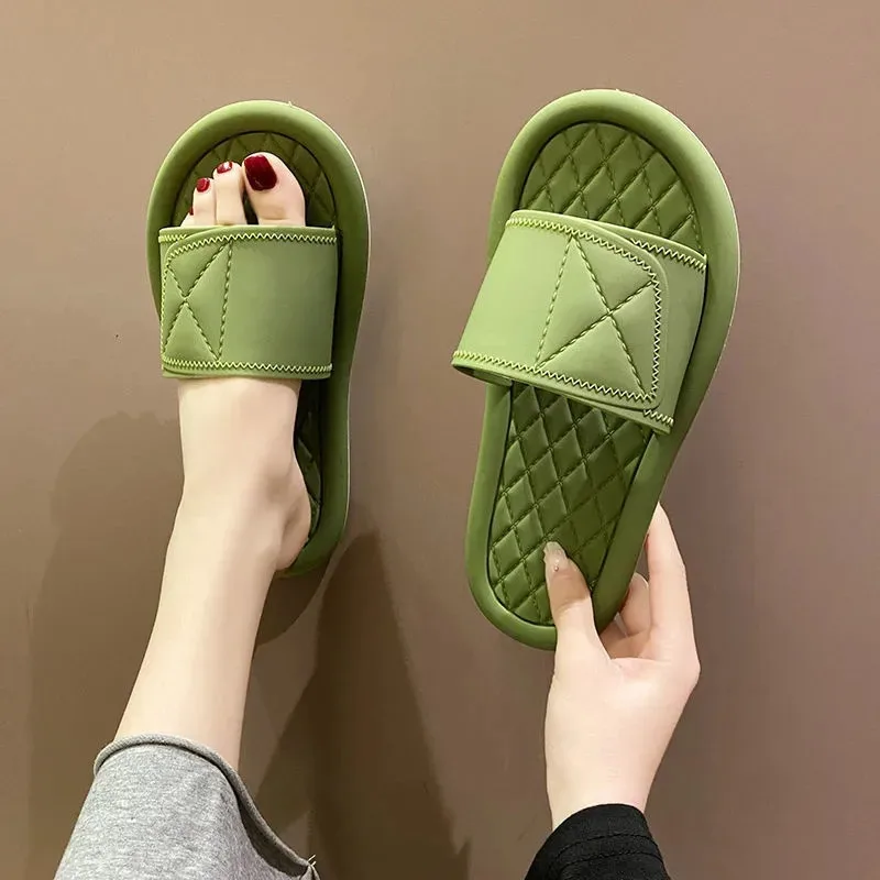 

Women Candy Color Plaid Slippers Fashion Chunky Platform Indoor House Home Non-slip Flat Shoes Casual Beach Slides Black White
