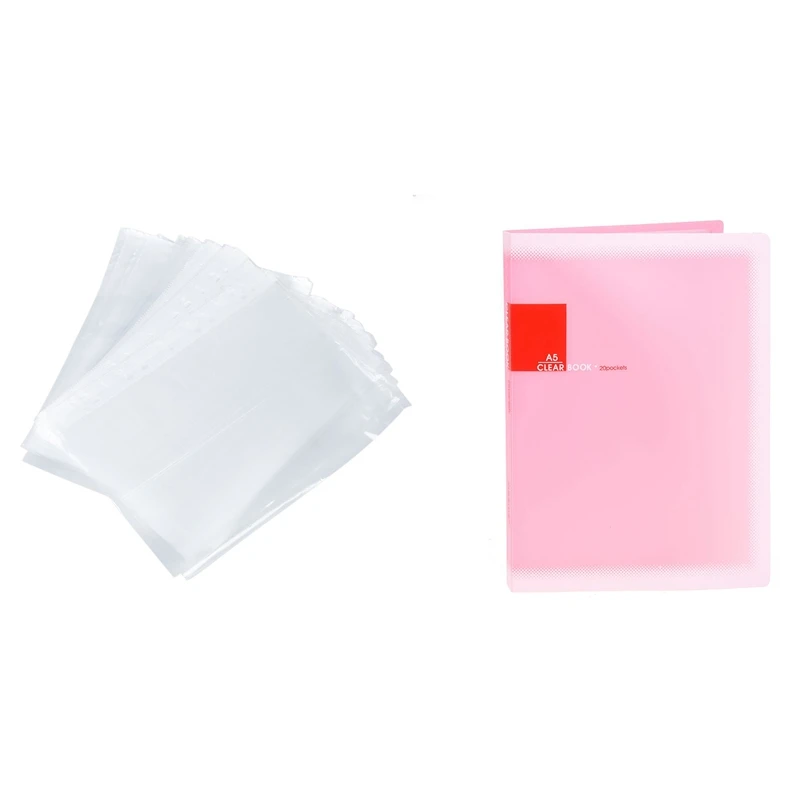 

100X A4 Papers Document Sheet Protector Clear White & 1X Plastic A5 Paper 20 Pockets File Document Folder Holder, Pink