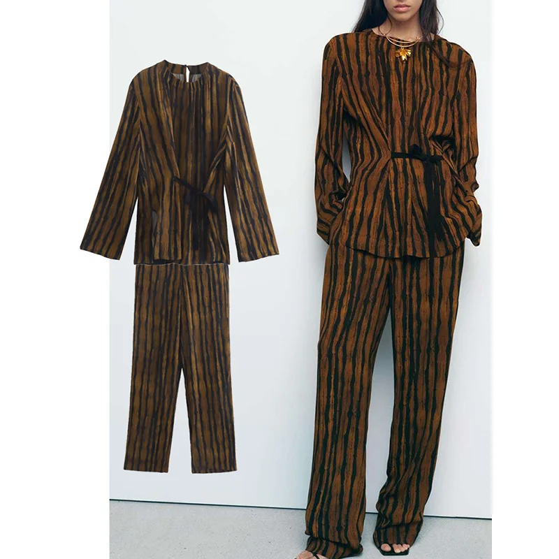 

Комплект пижамный женский оверсайз в полоску, летняя Дамская одежда для сна с длинным рукавом, комплект из 2 предметов с брюками, пижама на ш...