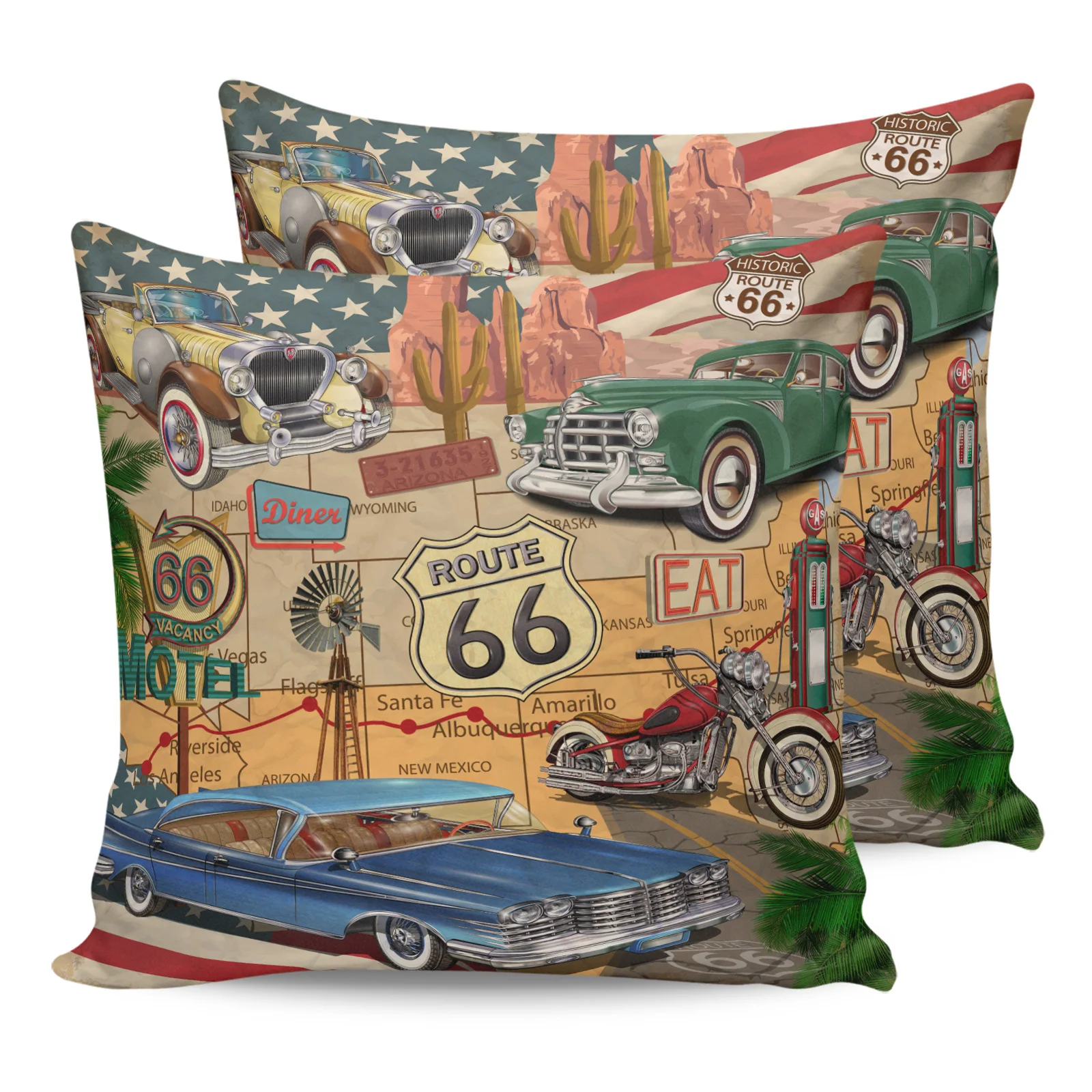 

2PCS Pillowcases Retro Route 66 Poster Cushion Cover Home Bedding Living Room Decorative Couch Throw Pillow Case