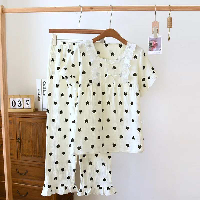

Women's Floral Cotton Pajama Set Short Sleeve Length Pants Square Collar Homewear Loose and Comfortable Cute Sleepwear 2 Piece