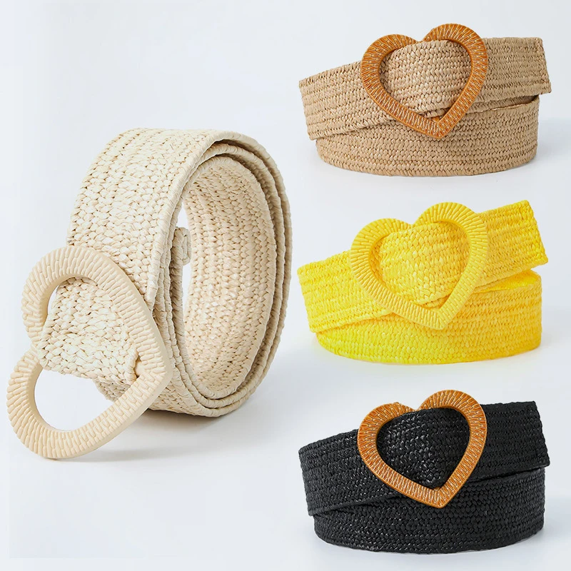

Solid Color Straw Belt Women Love Heart Buckle Linen Weave Wide Waistband 4cm Wide Elastic Braided Belt PP Grass Waist Belt