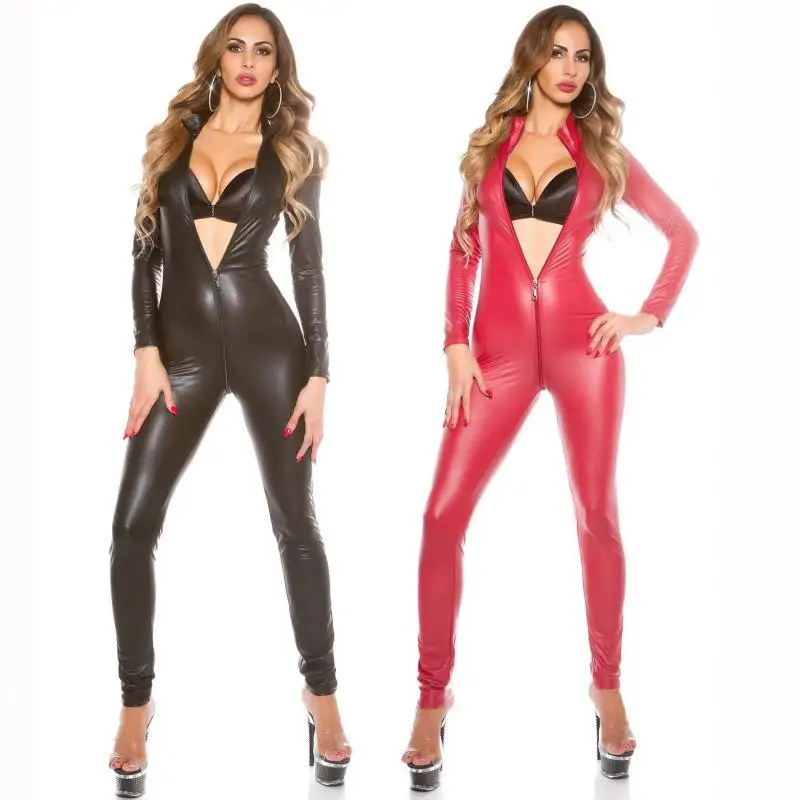 

Plus Size Faux Leather Jupsuit Woman Sexy Long Sleeve Tight Black Artificial Leather Jumpsuit Carnival Halloween Cosplay Costume