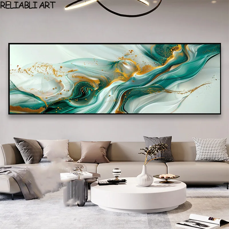 Позолоченная зеленая лента цветок Абстрактная Картина на холсте Постер и принты