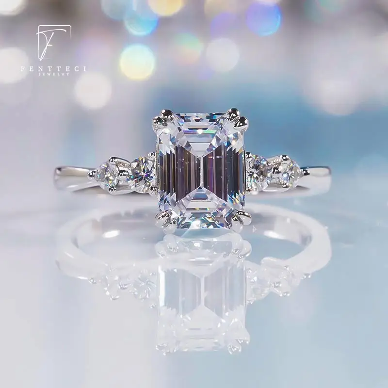 FENTTECI S925 Sterling Silver Platinum Plated Moissanite Ring Emerald Cut Ring Fine Luxury Jewelry for Women Engagement Wedding
