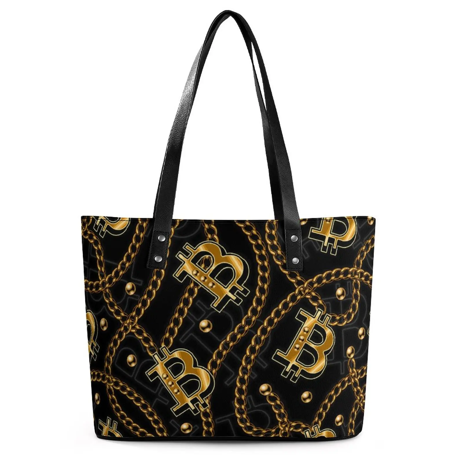 

Gold Chain Handbags Shiny Bitcoin Sign Casual Shoulder Bag School PU Leather Tote Bag Women Top-Handle Designer Hand Bags