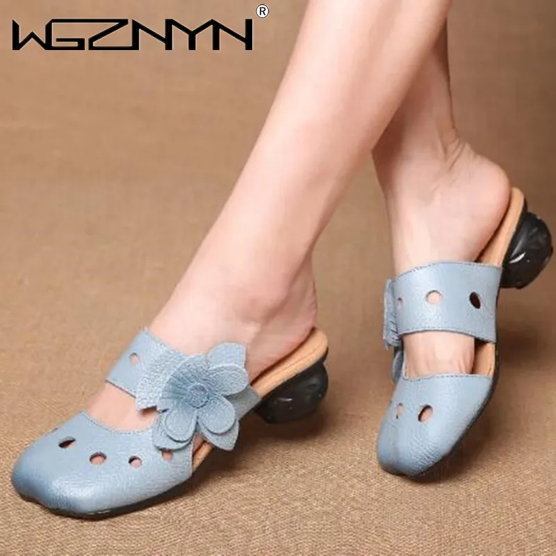 

2022 Genuine Leather Women Hollow Slippers Fashion Flowers Summer Slides Slip-On Office Lady Sandals Rubber Pumps Women Shoes