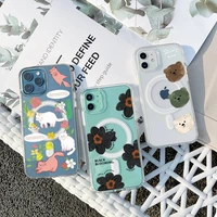 cute animal flower phone case for iphone 13 12 11 mini pro max transparent super magnetic magsafe cover