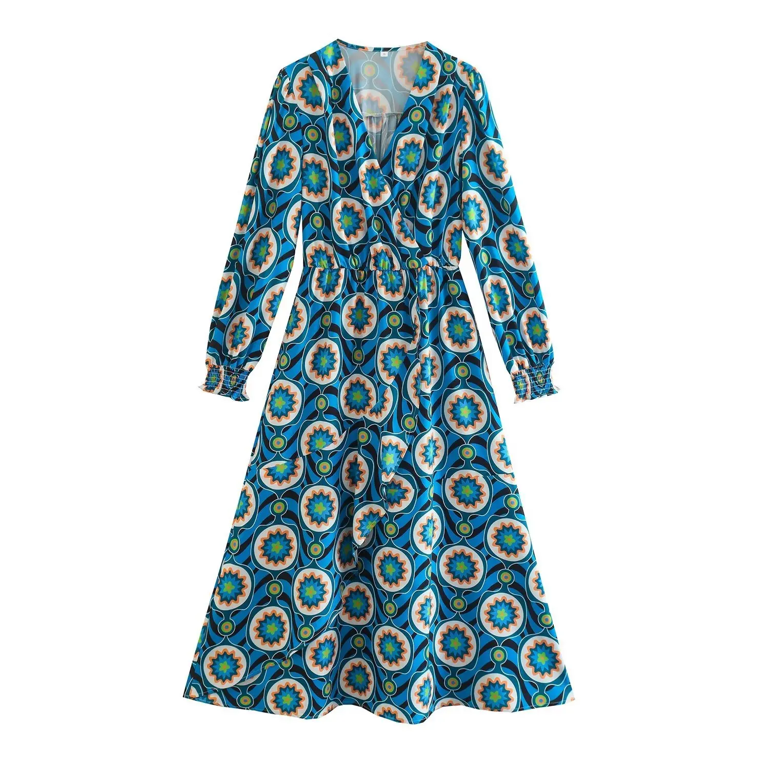 

Spring and Autumn Women's Dress V-neck Printed Long Skirt Fashion Bohemian Waist Office Holiday Flower Dresses
