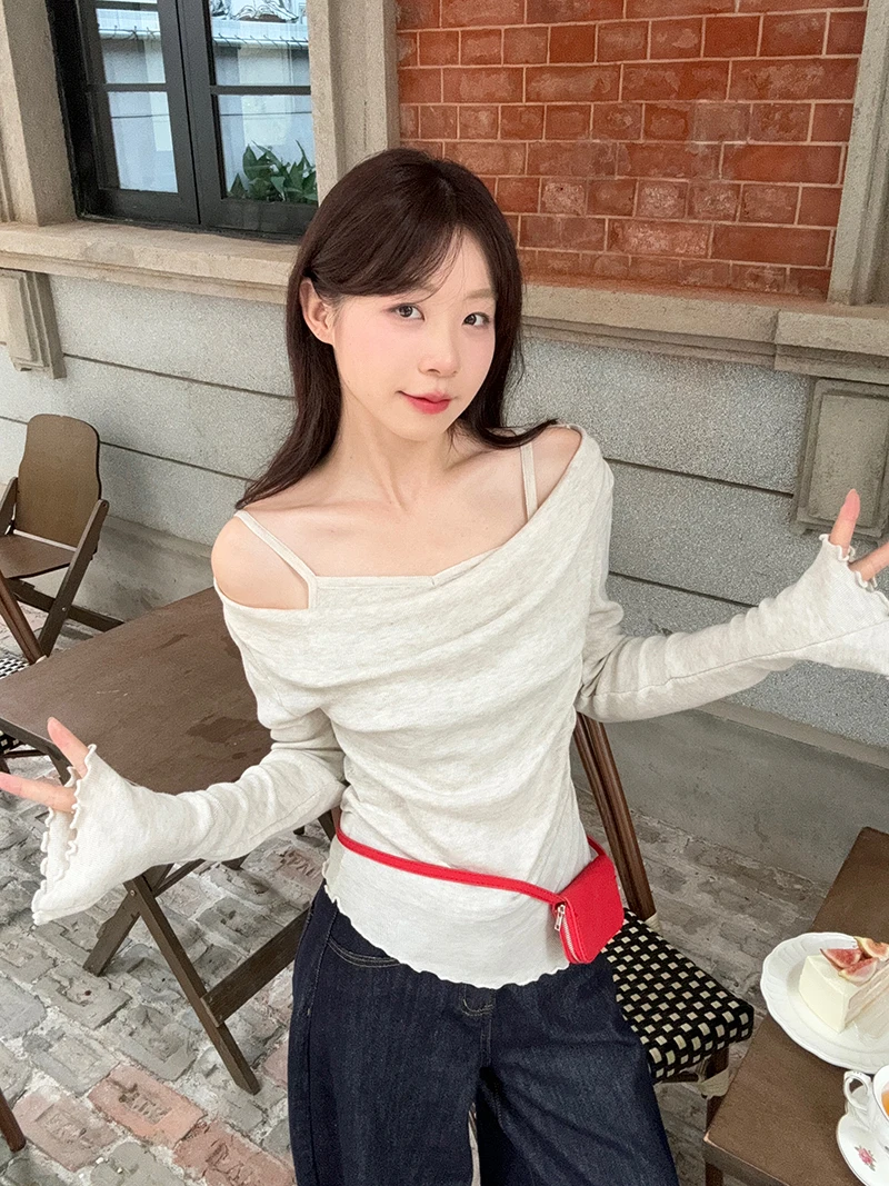 Pphome Fake из двух частей нежный вязаный топ с открытыми плечами и длинными рукавами