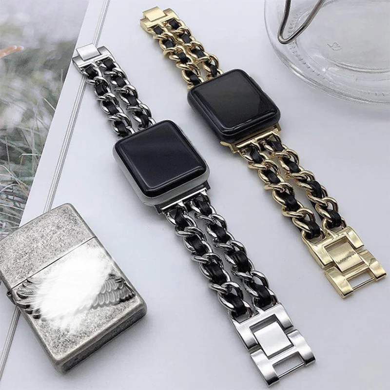Women Metal Strap for Apple Watch Band 8 Ultra 49mm 7 SE 6 5 4 41mm 45mm 42mm 44/40mm Lady Gold steel Leather Bracelet Wristband