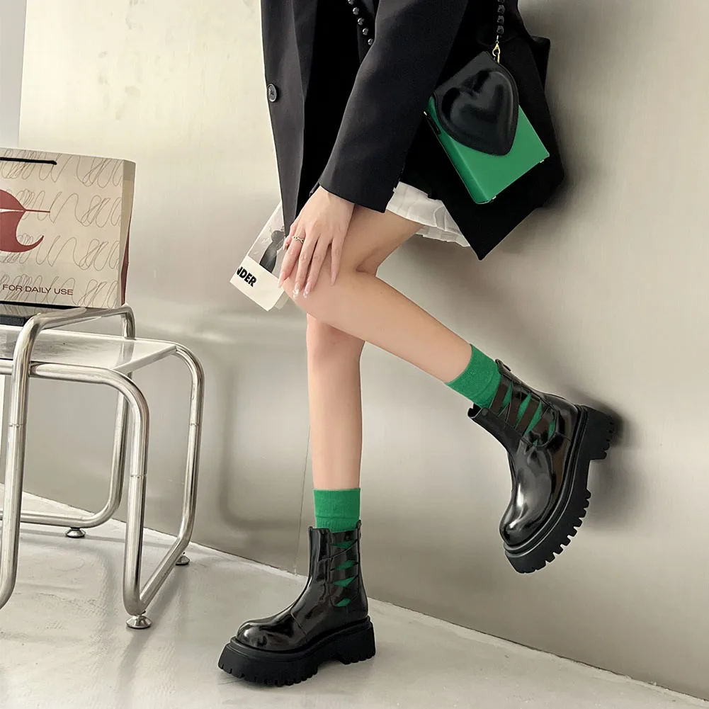 LapoLaka 2022 Fashion Black Thick Heel Ankle Boots Round Toe Hollow Out Back Zipper Premium Quality Women Boots