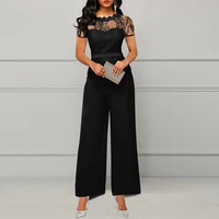 sexy lace patchwork hollow palazzo jumpsuits women elegant short sleeve wide leg rompers office lady business workwear outfits
