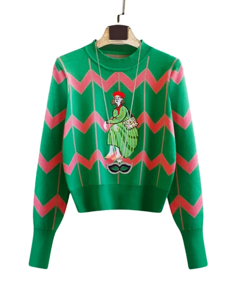 Женский трикотажный пуловер с вышивкой и блестками круглым вырезом