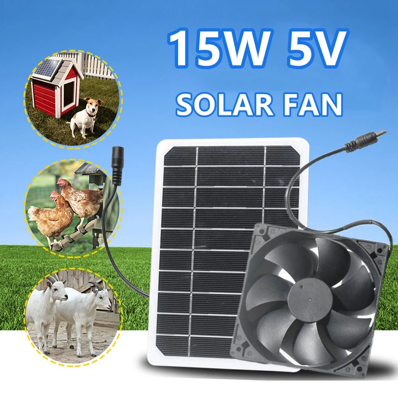 15W 5V Solar Powered Panel Fan Outdoor Exhaust Air Extractor Pet Chicken House Flow for Home Office Greenhouse |