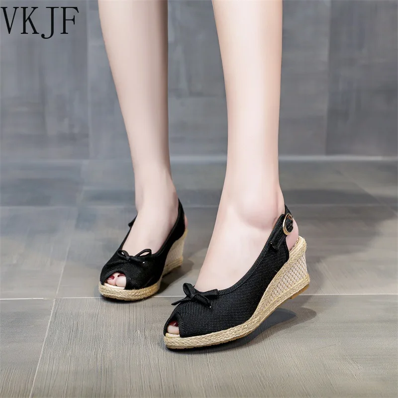 

Женские льняные эспадрильи ручной работы с бантиком и открытым носком, сандалии с ремешком на пятке 6 см на танкетке, женская простая Летняя ...