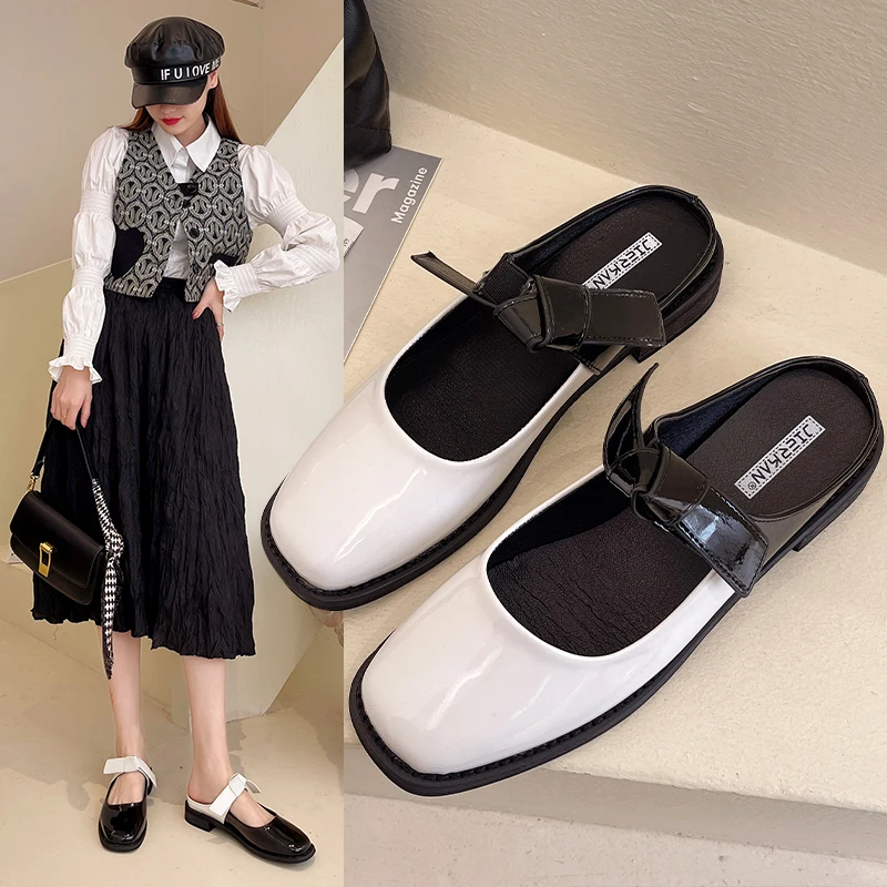 

Flat Shoes Female Square heel Slippers Soft Slipers Women Butterfly-Knot Loafers Low Slides Cover Toe Mules Sexy Block Comfort 2