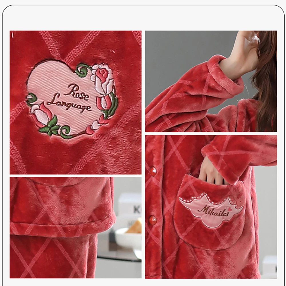 Women's Winter Flannel Night Wears Thick Warm Christmas Pajamas for Women Cozy Soft Pyjamas Sets Fashion Embroidery Plaid Pijama